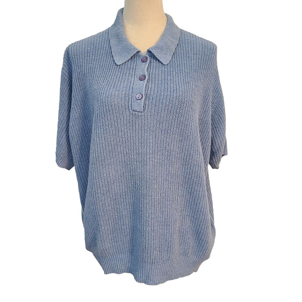VTG Norm Thompson Blue Linen Knit Polo Sweater 1X Coastal Grandpa Cottagecore